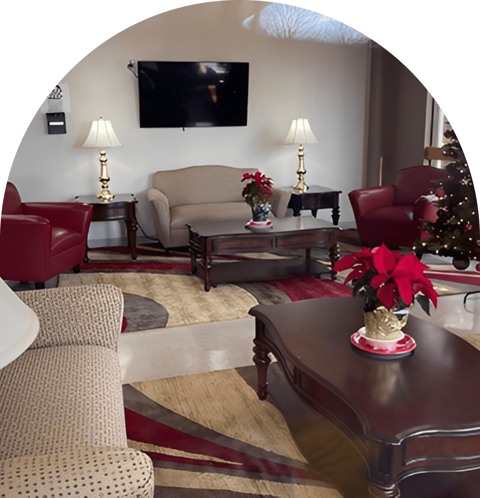 Cozy living room with red chairs.