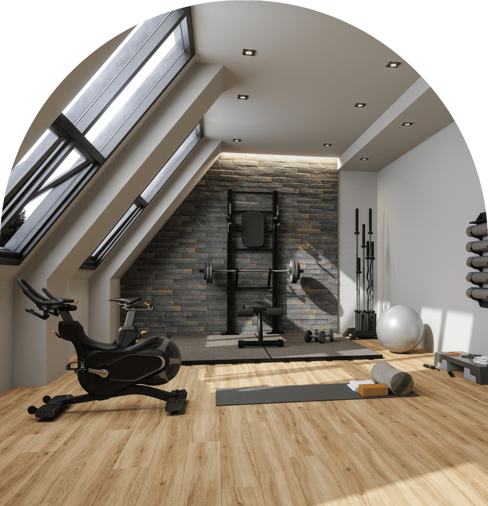 Modern home gym with exercise equipment.