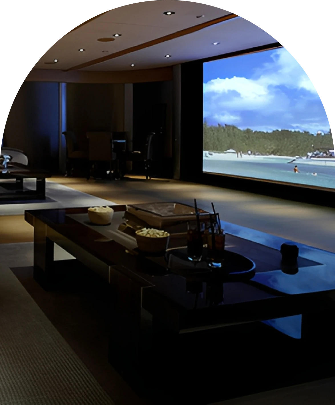 Luxurious home theater with beach view.